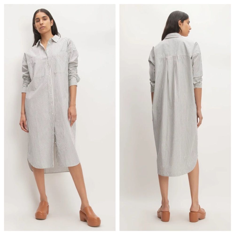Everlaneโmidi cotton shirt dress in bone/ navy stripe. Size XL.